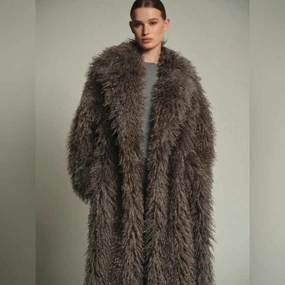 SOURCE UNKNOWN FAUX MONGOLIAN FUR LONG BELTED PLUSH COAT SAGE grey O/S XS S M * - Picture 4 of 7